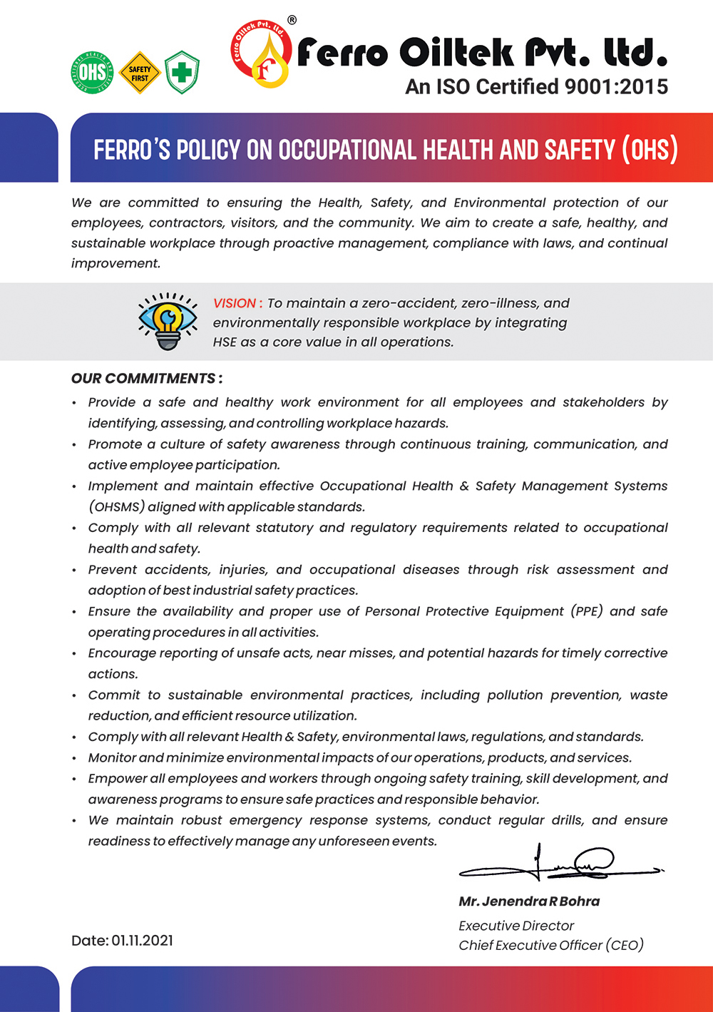 Ferro Oiltek Occupational Health & Safety Policy